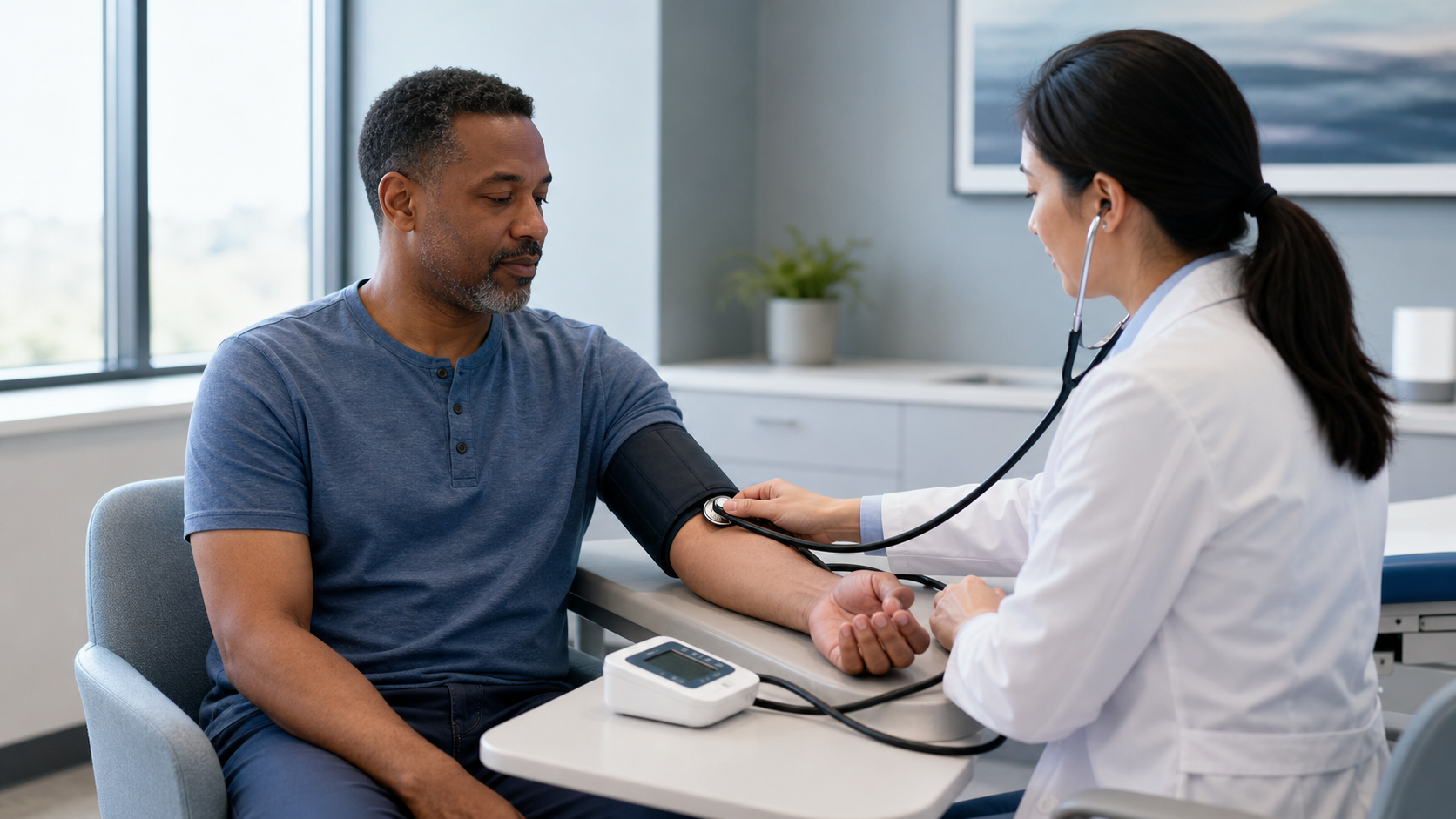 A clinician measuring a seated adult’s blood pressure with an upper-arm cuff in an exam room