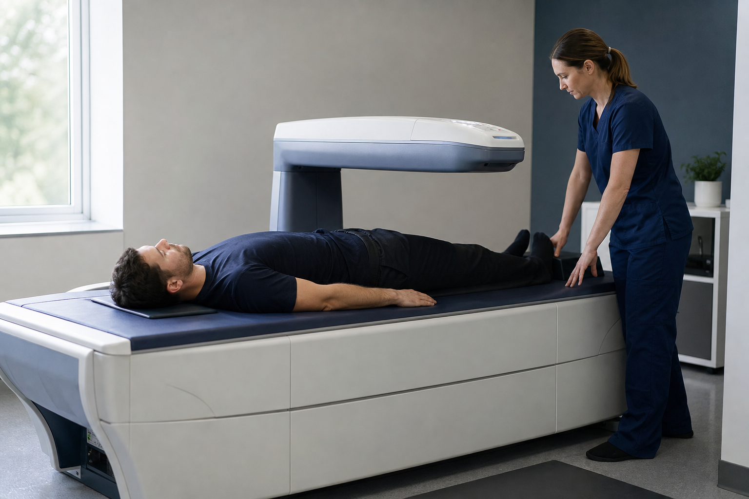 A radiologic technologist positioning an adult participant on a DXA scanner for a body-composition measurement