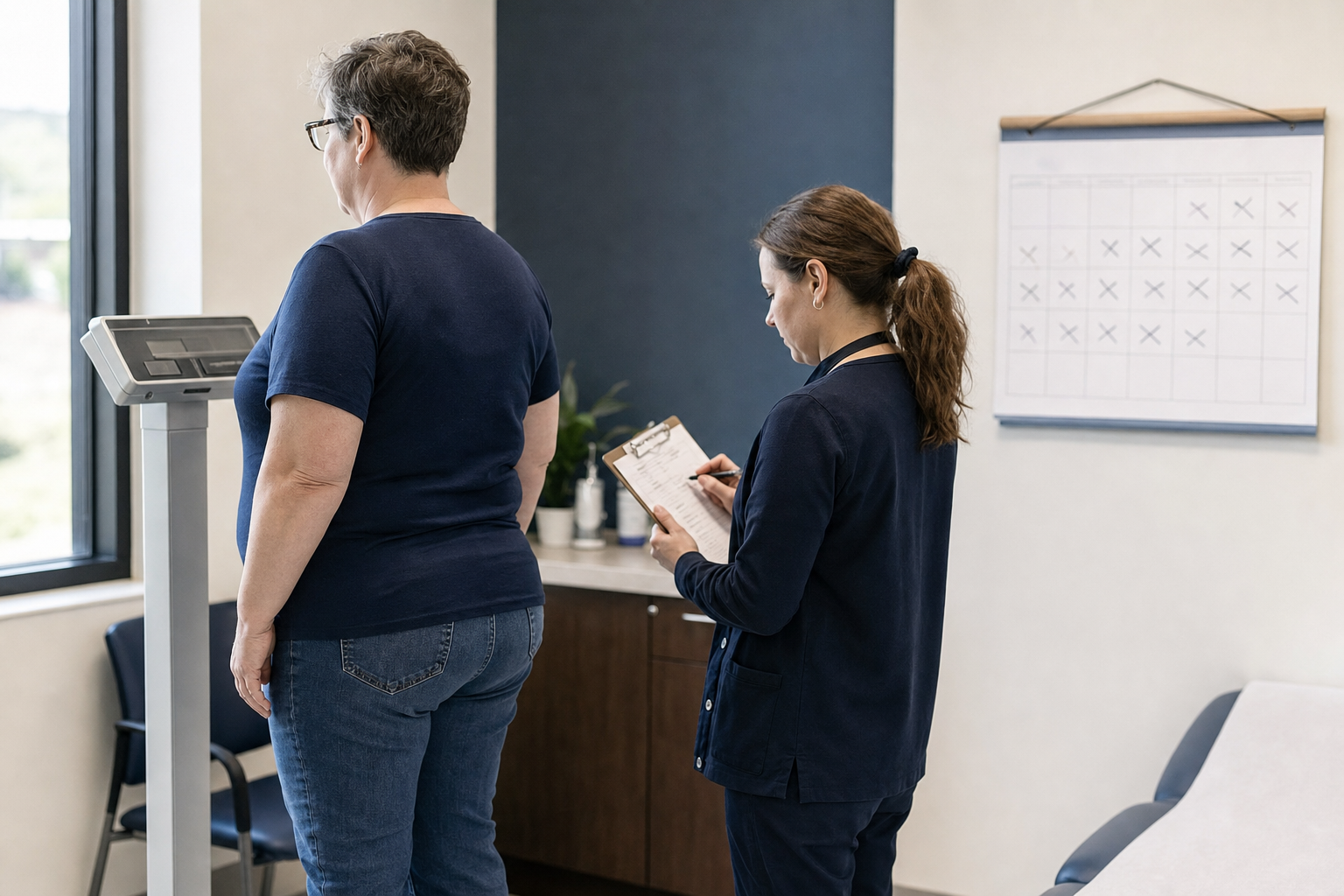 A clinical research coordinator records a participant’s weight during a scheduled follow-up visit