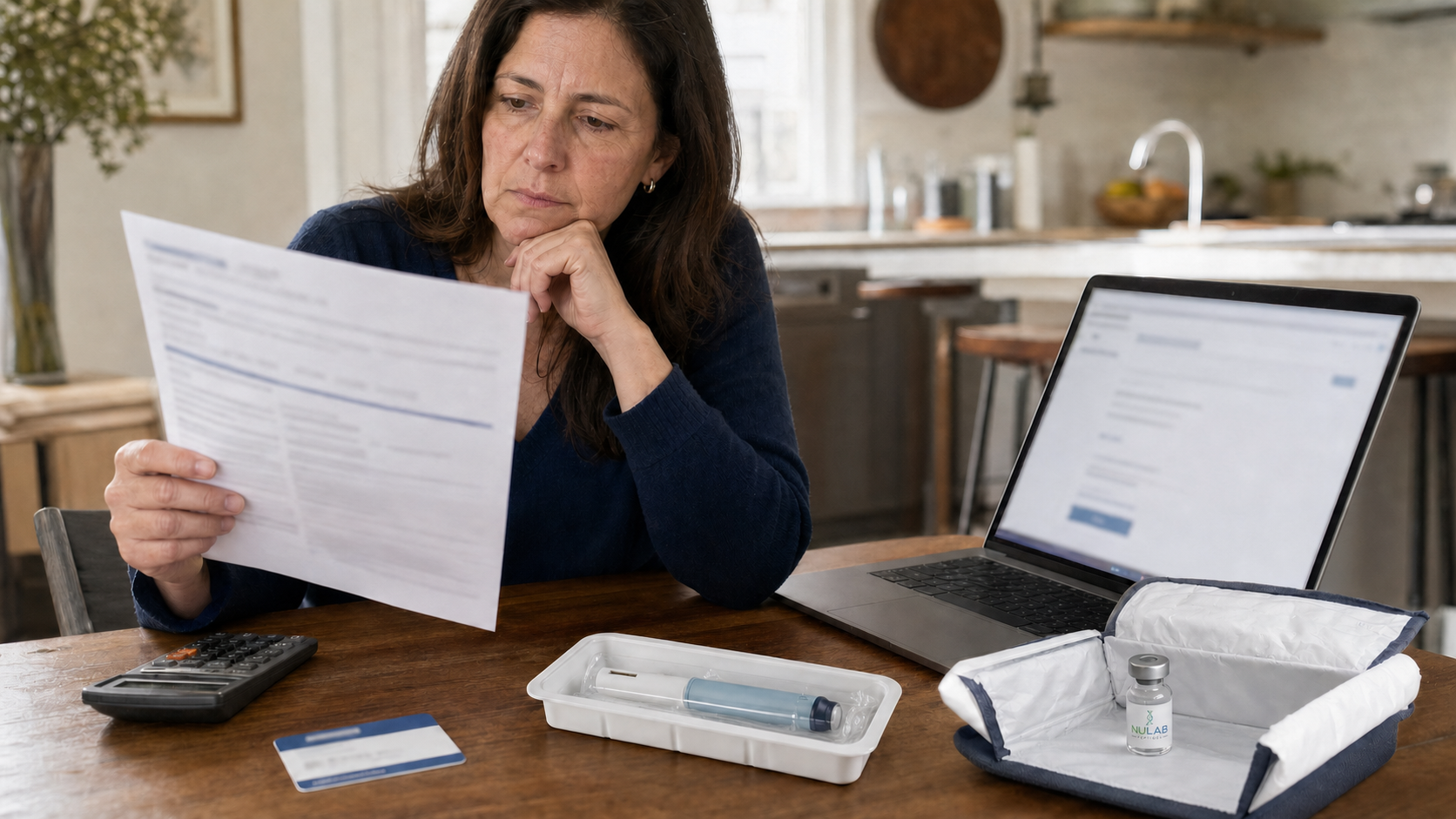 A woman reviewing health-plan paperwork at a dining table, with a NuLab Peptides-labeled vial visible in an open insulated mailer