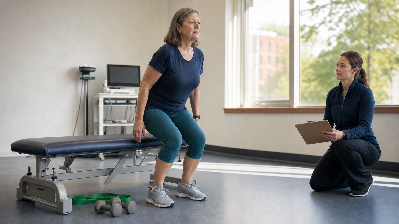 An older adult completing a supervised sit-to-stand strength assessment in a clinical exercise room