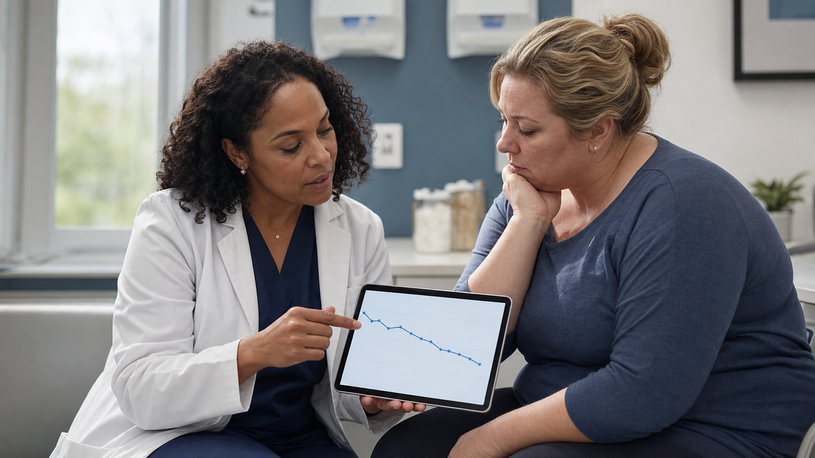 A clinician and patient reviewing an unlabeled weight-trend chart on a tablet during an obesity-medicine follow-up