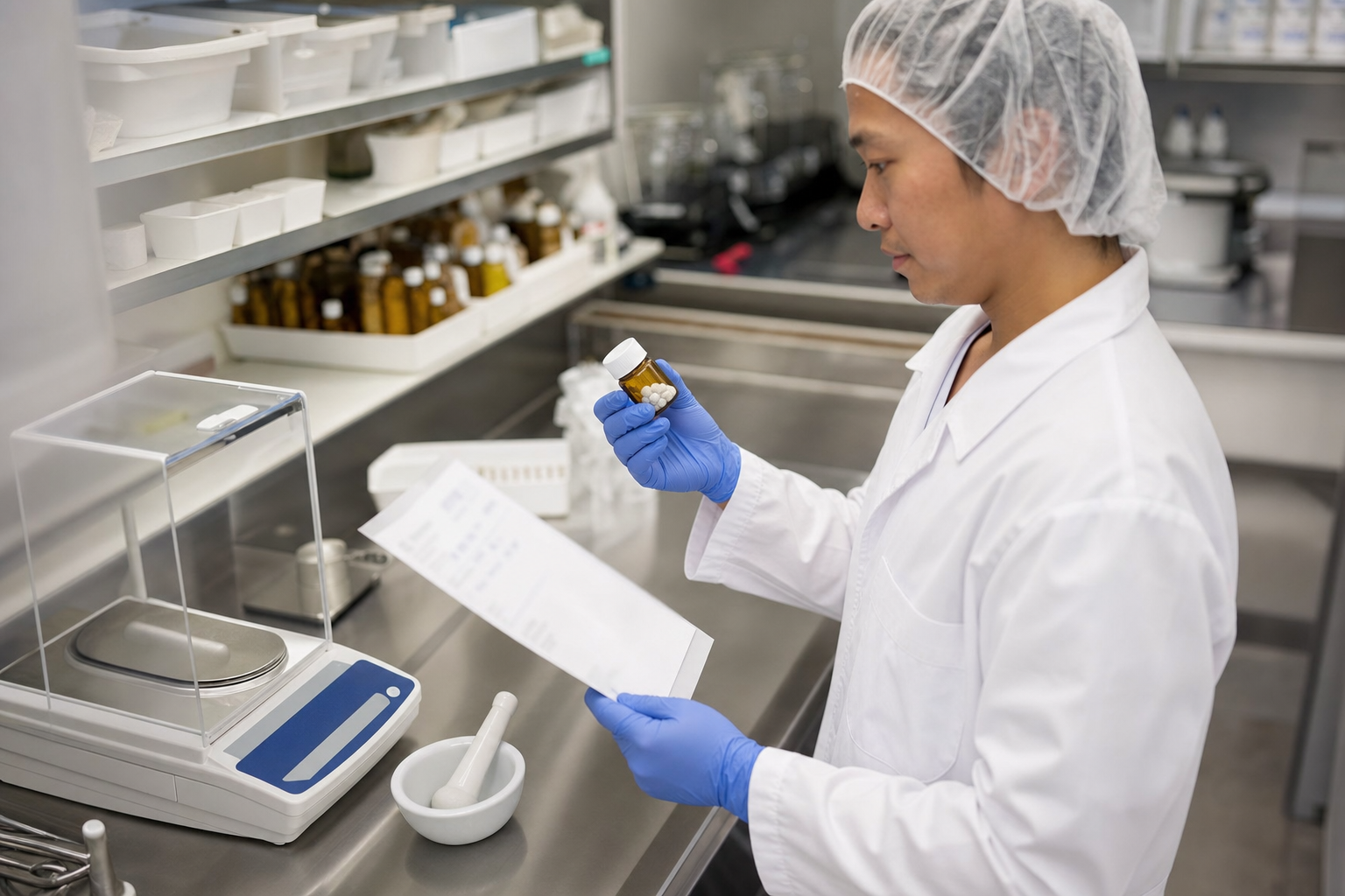 A compounding pharmacist verifying an amber bottle of oral tablets against a patient-specific prescription