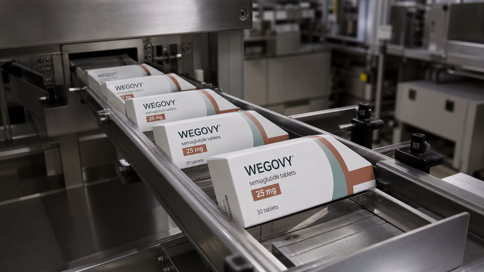 Rows of Wegovy 25 mg semaglutide tablet cartons moving through a pharmaceutical packaging line