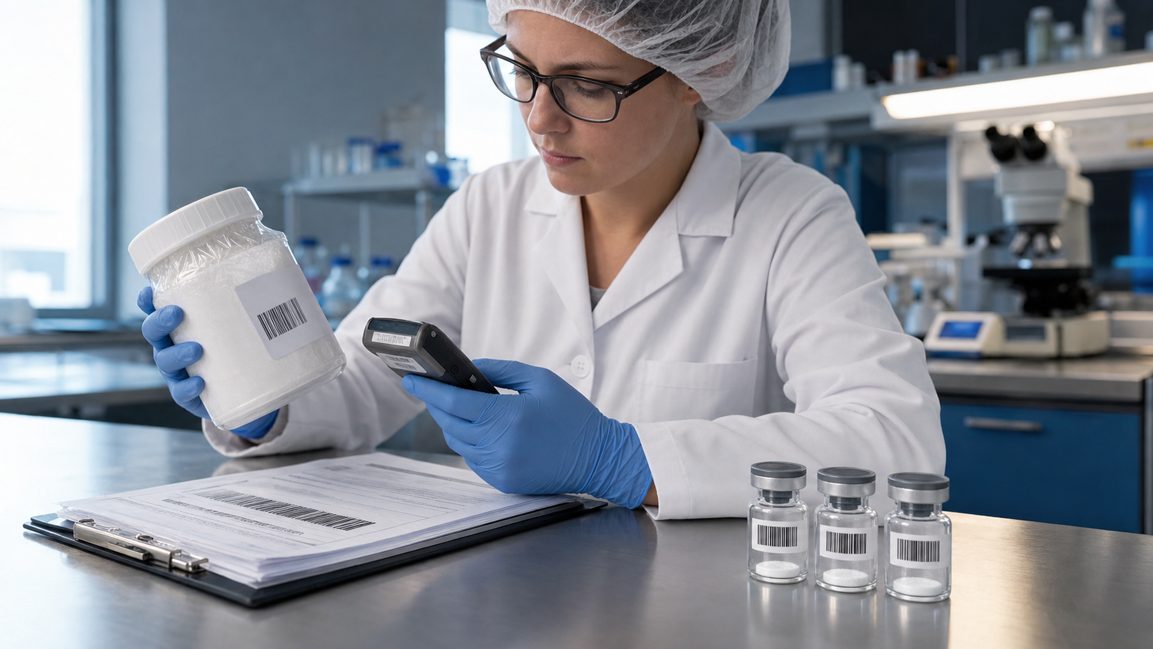 A laboratory scientist scanning a bulk peptide container beside receiving records and three short 3 mL serum vials