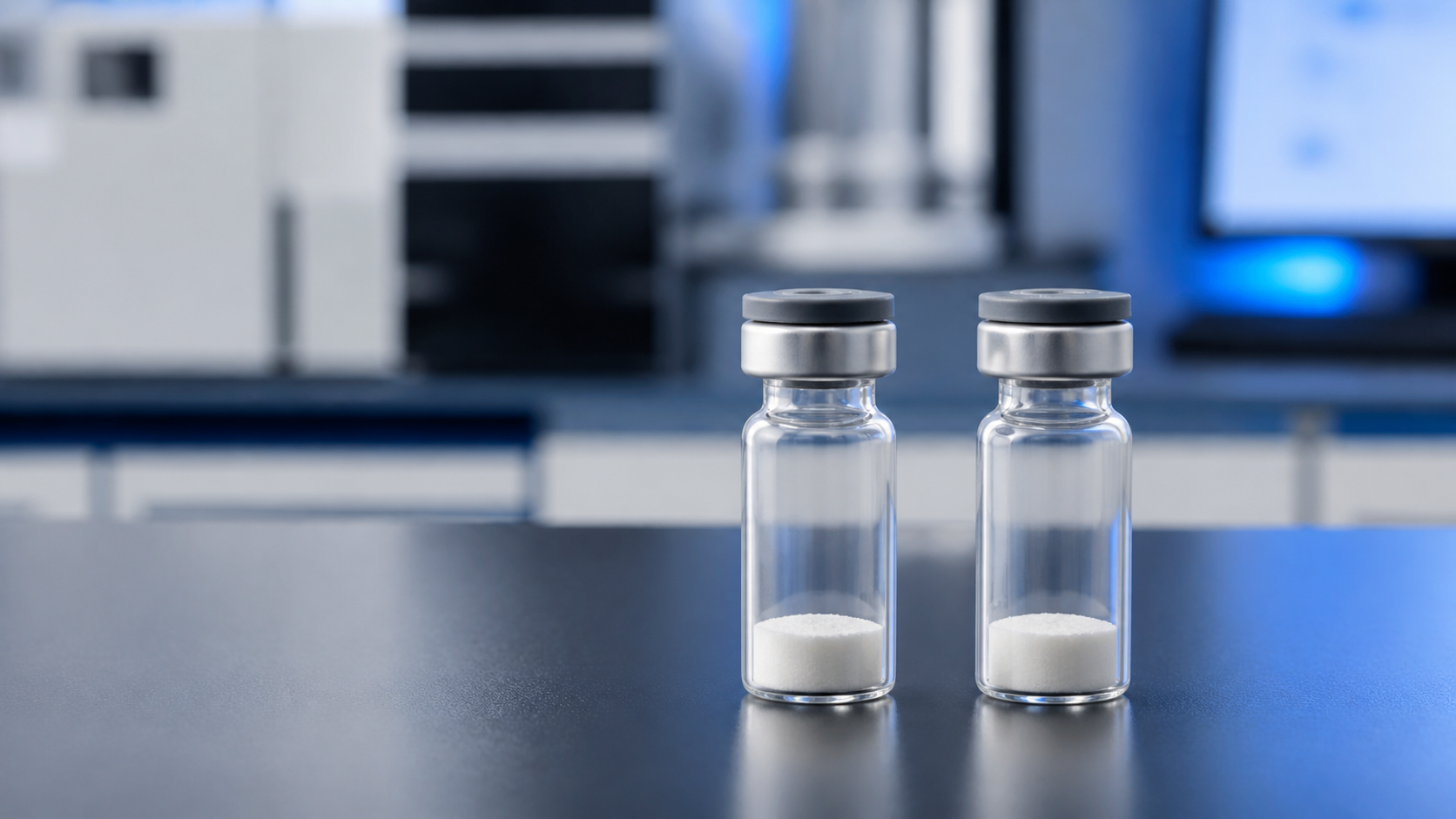 Two identical short serum vials with white lyophilized peptide cakes on an analytical laboratory bench.