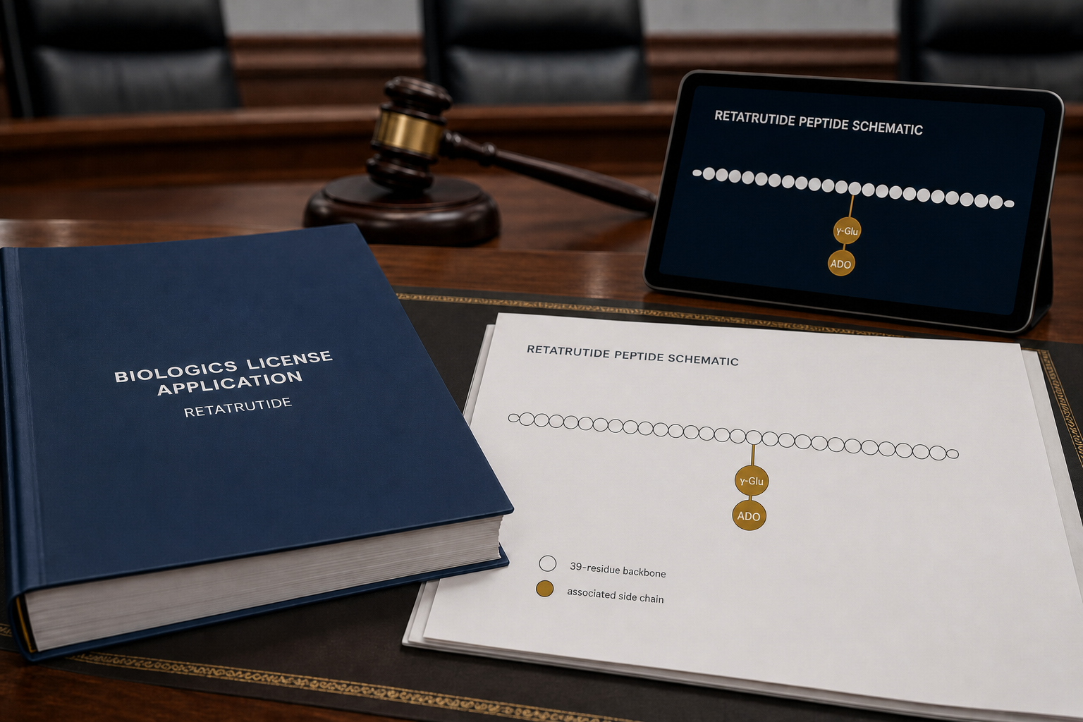 A retatrutide biologics license application beside a peptide schematic showing a 39-residue backbone and a highlighted gamma-glutamate and ADO side chain on a federal courtroom counsel table