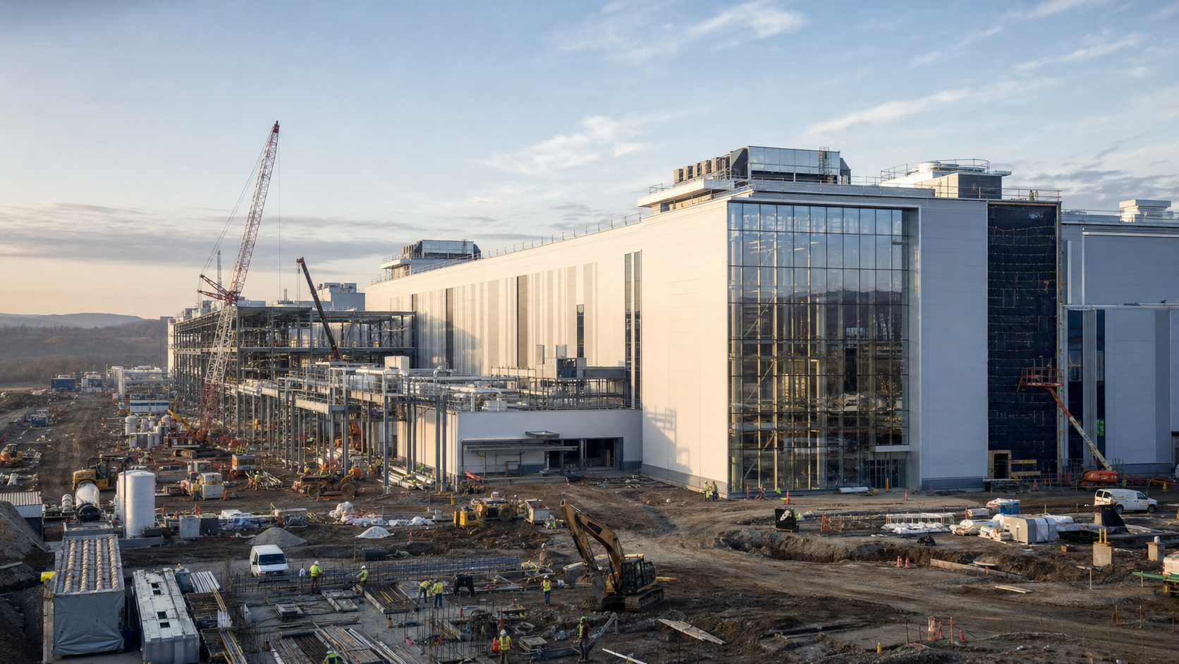 Construction cranes, crews and earth-moving equipment surrounding a large modern pharmaceutical manufacturing complex
