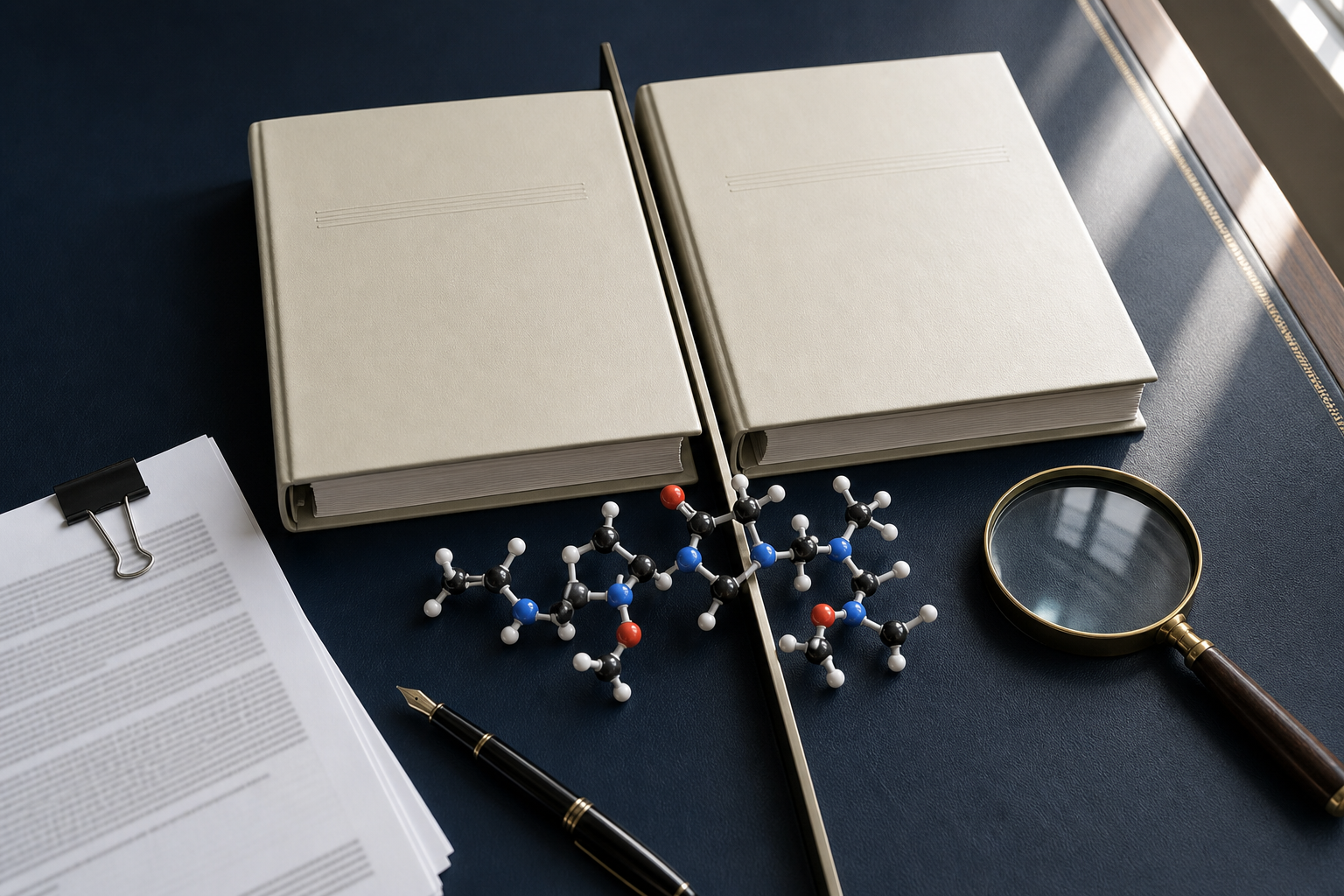 A molecular model between two document binders, beside a magnifying glass and research papers.